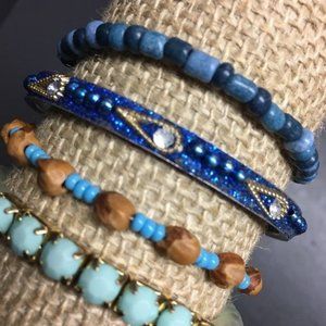 Blue Bracelet Lot Turquoise Brown Silver Gold Rhinestone Wood Seed Retro BoHo